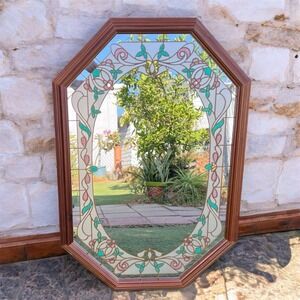 Vintage octagon etched Stained Glass Mirror Wooden Frame Granny Core  31x21" 80s